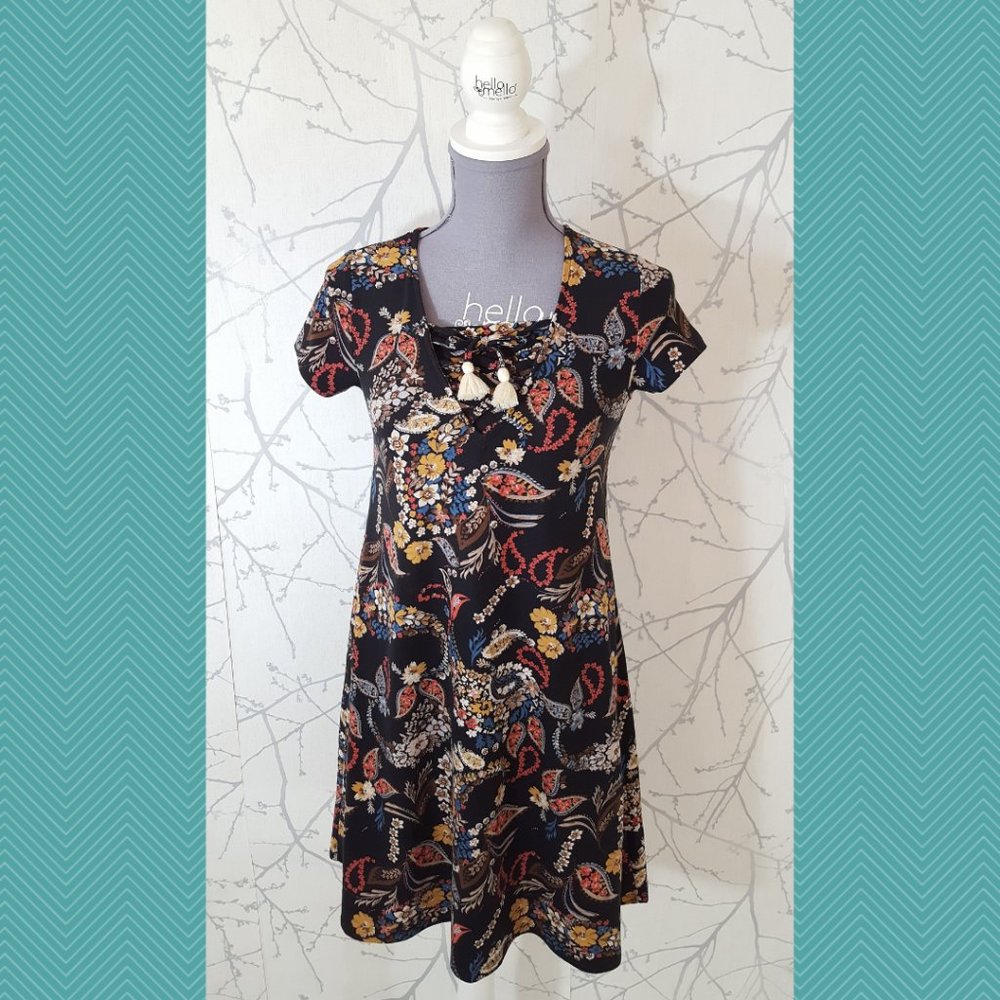 Four Threads Black Floral Print A-Line Dress w/ Tassels